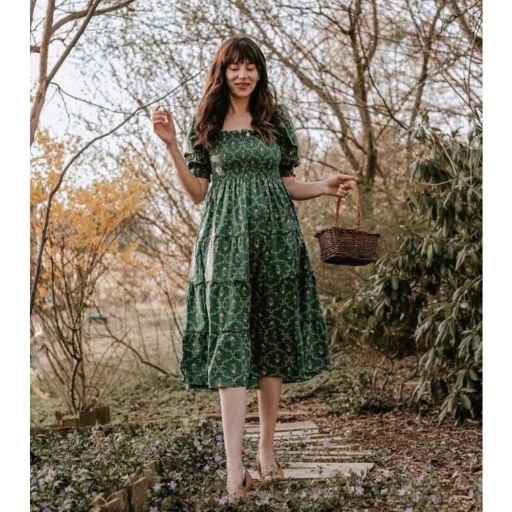 Hill House Green Smocked Puff Sleeve Sundress